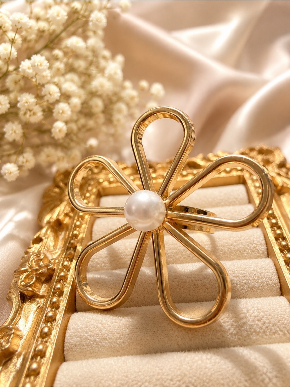 Gold Flower Ring with Pearl Center